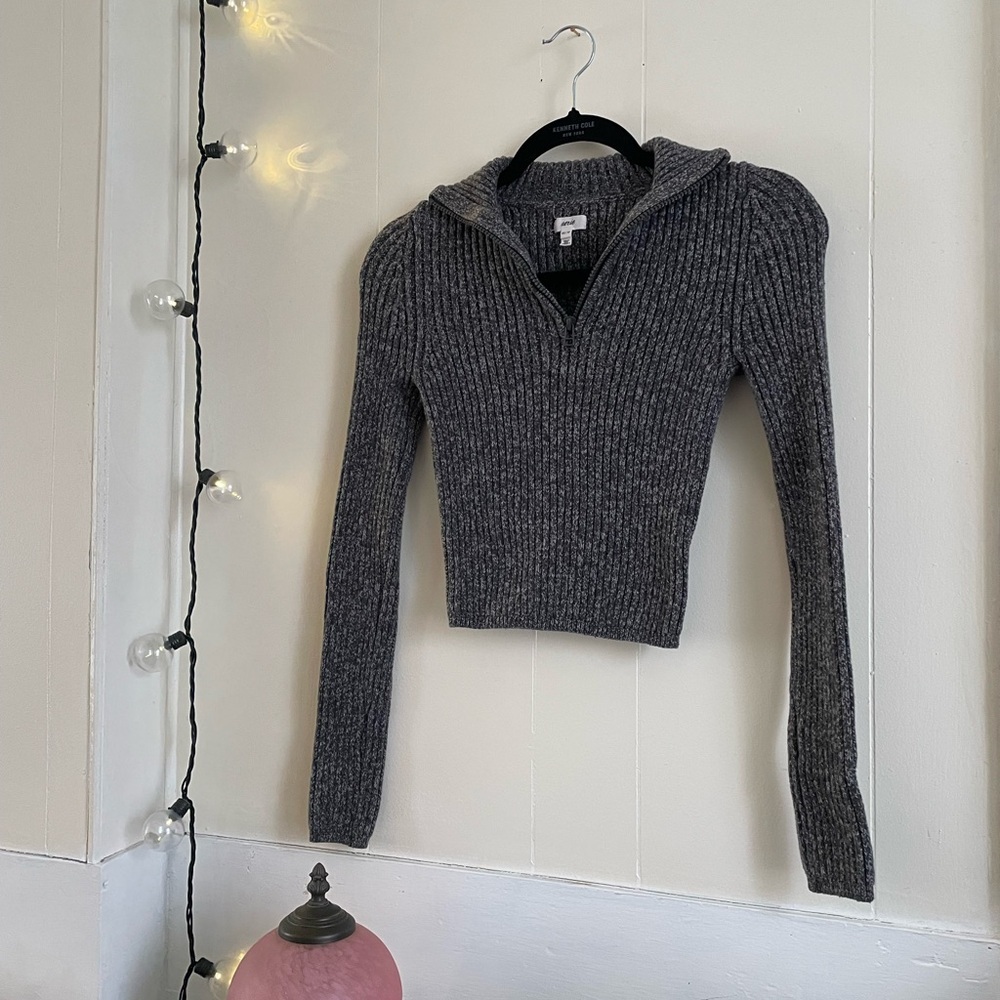 Aerie Grey Ribbed Women's Cropped Half Zip Longsleeve Sweater Cover Casual Comfy - Picture 4 of 7
